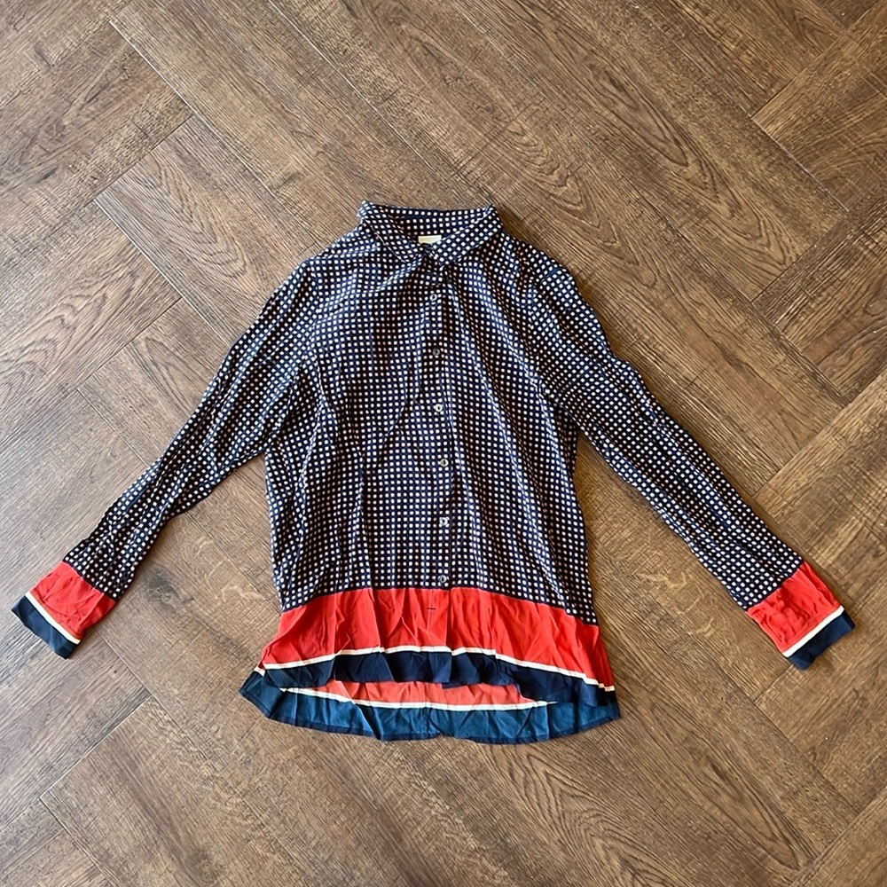 Ecru Silk Polka Dot Button Down Blouse Navy/Red/Pink Sz S